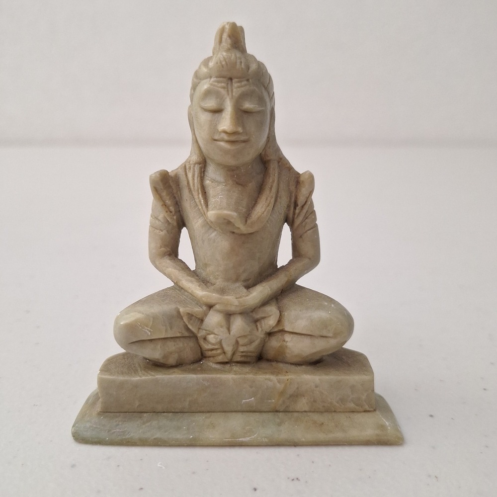 Vtg Hand Carved Marble Stone Lord Buddha & Cat Statue Sitting Meditating 3.75"